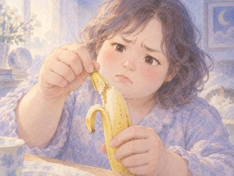 固いバナナの皮をむけず困った表情をする女性