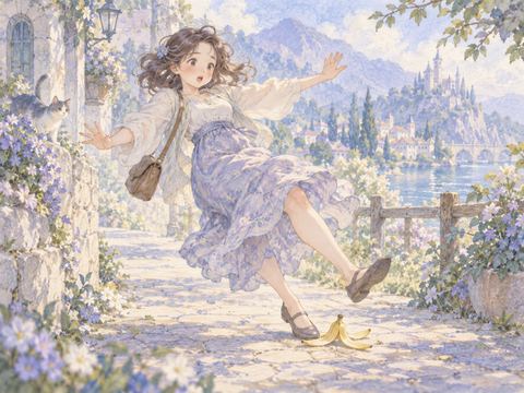 道に落ちたバナナの皮で足を滑らせる女性