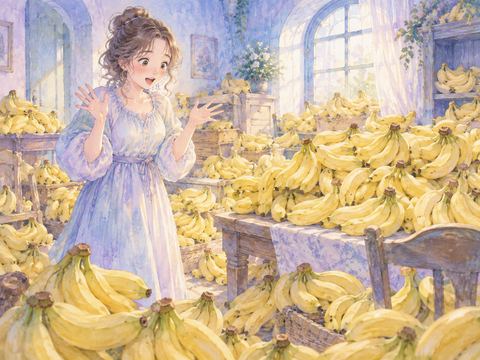 部屋いっぱいに積まれた大量のバナナに驚く女性