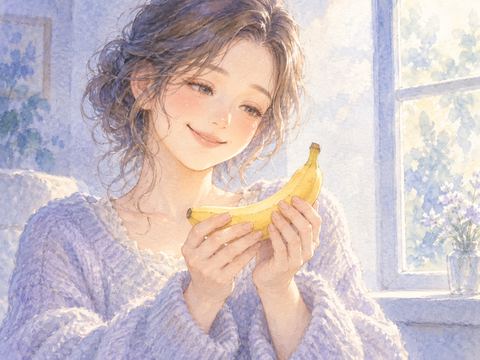 一本の黄色いバナナを両手で大切に持つ女性