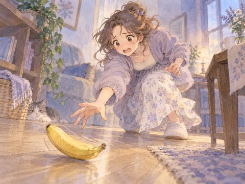 手から落ちたバナナを慌てて拾おうとする女性