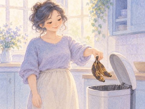 傷んだバナナをゴミ箱に捨ててほっとする女性
