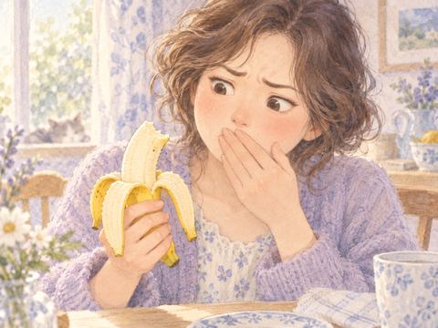 バナナを食べて予想外の味に顔をしかめる女性