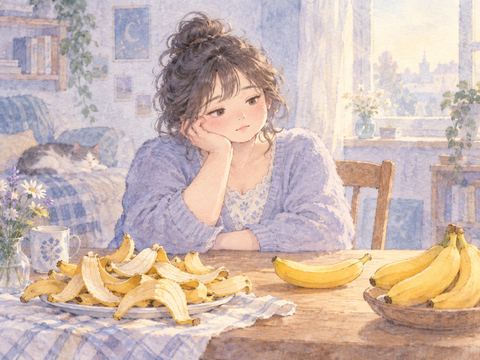 何本もバナナを食べたあと物足りなさそうに座る女性