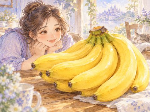 つやのある黄色いバナナの房を嬉しそうに眺める女性
