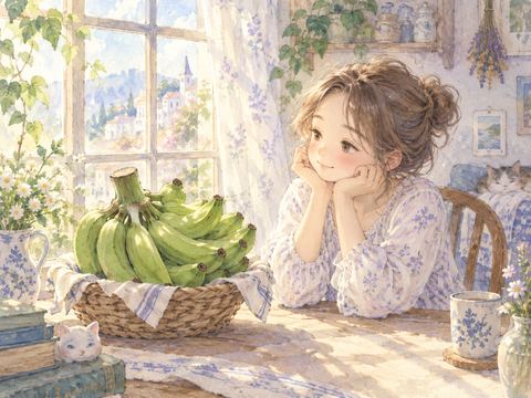 青いバナナの房を穏やかに見つめる女性
