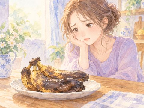黒く腐ったバナナを見て残念そうな表情をする女性
