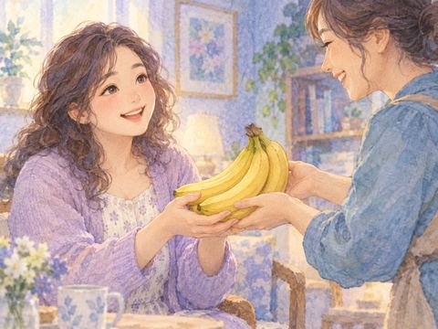 知人から黄色いバナナを受け取り微笑む女性