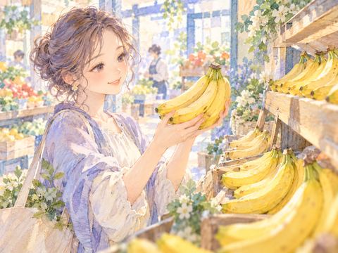 青果店で黄色いバナナを選んで買おうとする女性