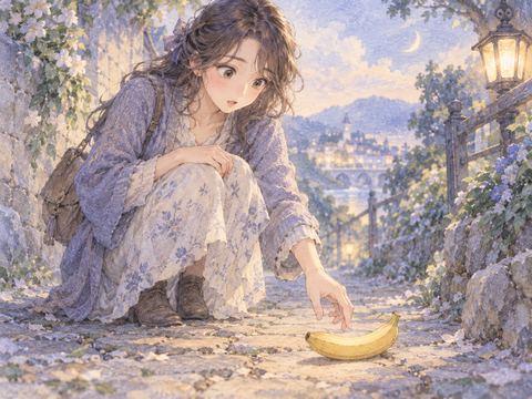 道端に落ちた一本のバナナを見つけて拾う女性