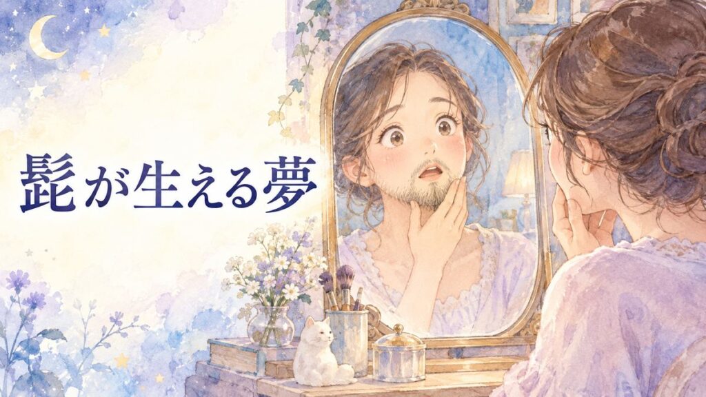 鏡に映る髭の生えた自分に驚く大人の女性