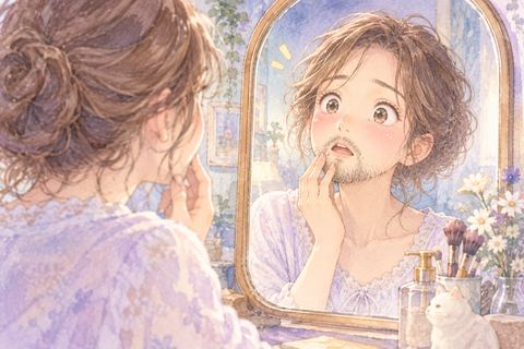 鏡に映る自分の髭に驚く大人の女性