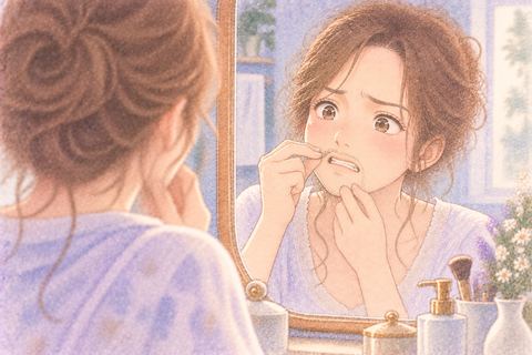 鏡を見ながら髭を一本抜く大人の女性