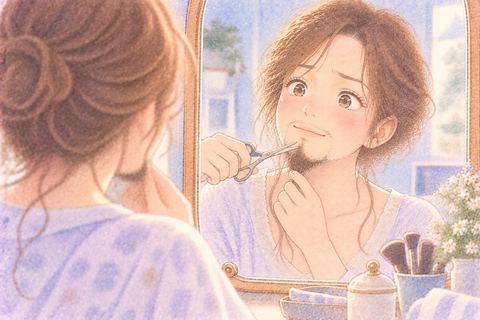 長い髭を少しずつ切る大人の女性