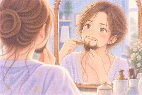 鏡の前で髭の形を整える大人の女性