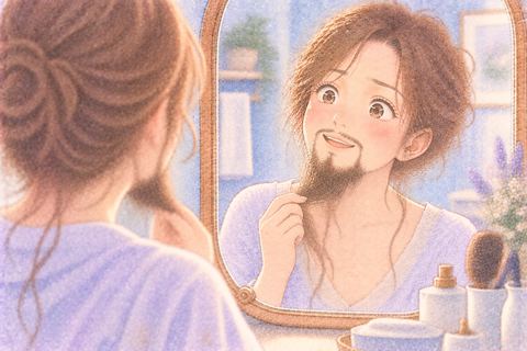 伸びた髭を楽しそうに眺める大人の女性