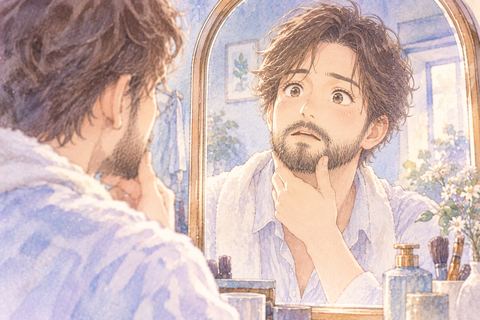 鏡で立派な髭を確かめる大人の男性