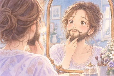 濃く立派な髭を鏡で見る大人の女性