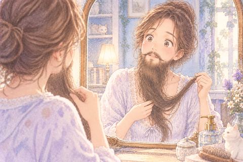 長く伸びた髭を手に取る大人の女性