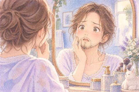 ばらついた無精髭を気にする大人の女性