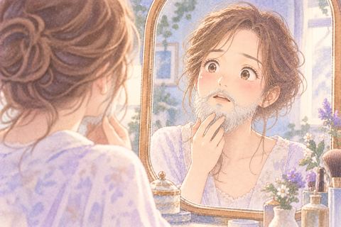 白い髭を鏡で見つめる大人の女性