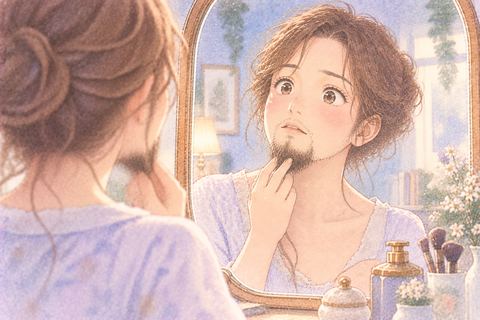 顎に生えた髭を確かめる大人の女性