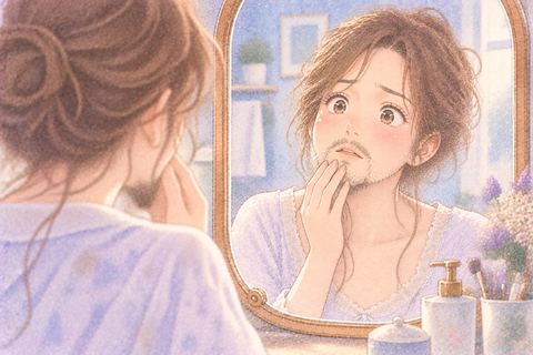 口の周りに生えた髭を鏡で見る大人の女性