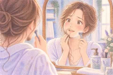 鏡の前で髭を剃る大人の女性