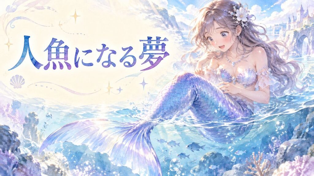 人魚の尾びれに変わった自分を見つめるアザミと幻想的な海