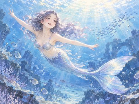 広い青い海を笑顔で自由に泳ぐ人魚姿の女性