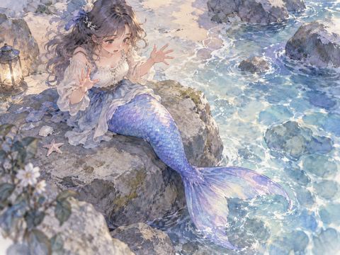 水辺で突然足が尾びれに変わり驚く女性