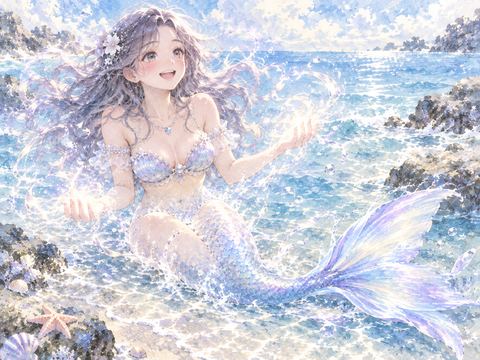 自ら魔法を使って人魚になり嬉しそうに微笑む女性