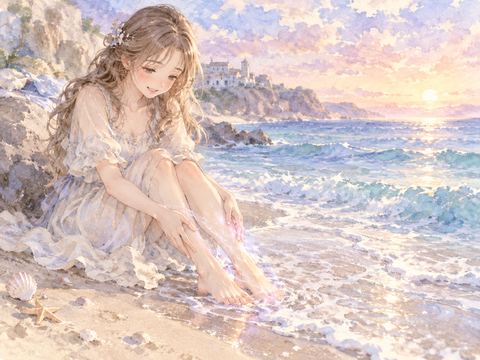 人魚から人間の足に戻り浜辺でほっとする女性