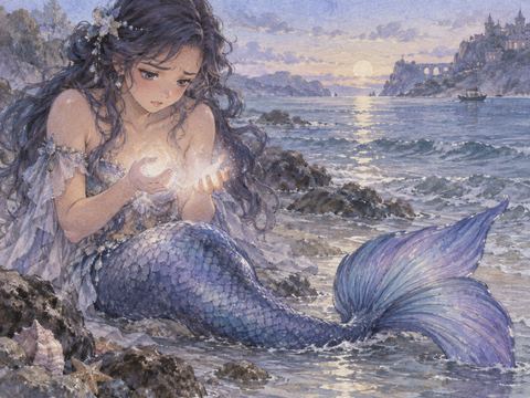 魔法を試しても人間に戻れず困り果てる人魚姿の女性