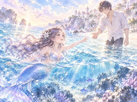 好きな男性に会うため海を泳いで近づく人魚姿の女性