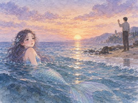 岸辺の好きな男性を涙ぐみながら見送る人魚姿の女性