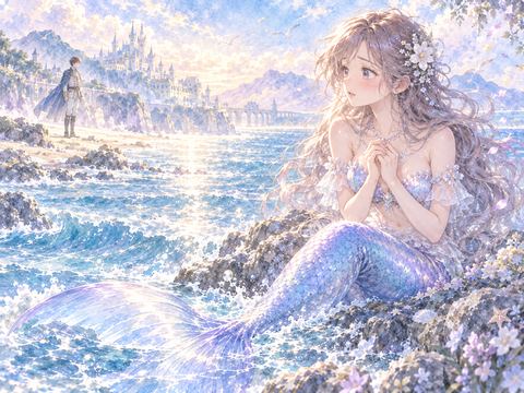 人魚姫の姿で岸辺の王子を切なそうに見つめる女性