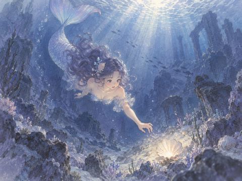 深い海に潜り光る貝殻を見つめる人魚姿の女性