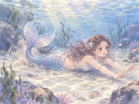 尾びれを動かしても泳げず困惑する人魚姿の女性