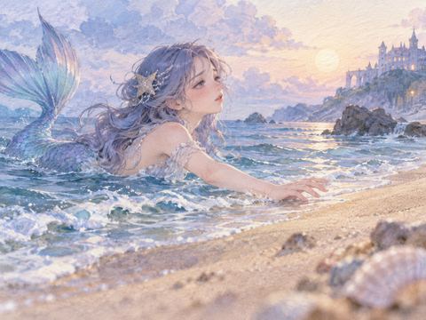 浜辺へ上がれず陸に手を伸ばす人魚姿の女性