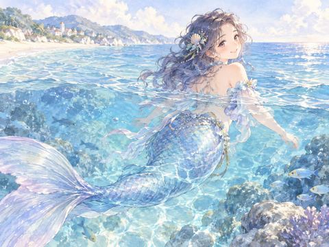 明るい海へ戻り安心した表情を浮かべる人魚姿の女性