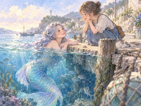 海と陸の境目で人々と親しげに話す人魚姿の女性