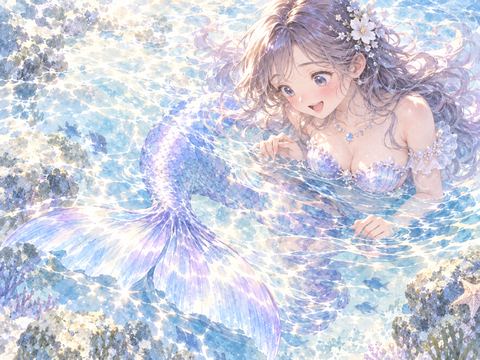 美しい尾びれを見て嬉しそうに微笑む人魚姿の女性