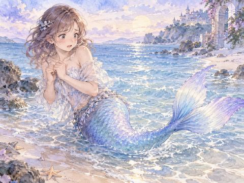 自分の足が尾びれに変わり驚いて身をすくめる女性