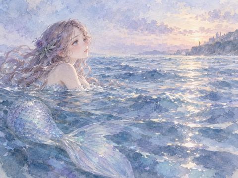 広い海に一人浮かび寂しそうに岸辺を見つめる人魚姿の女性
