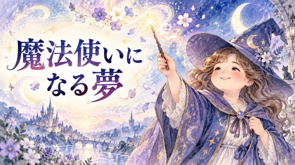 魔法使いの姿で杖を掲げる大人の女性と、光り輝く魔法の世界