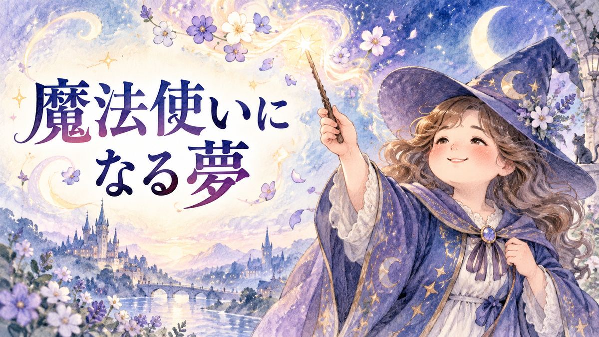 魔法使いの姿で杖を掲げる大人の女性と、光り輝く魔法の世界