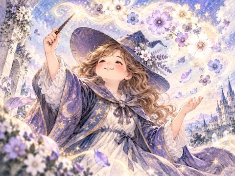 杖から光の花を生み出す笑顔の女性の魔法使い