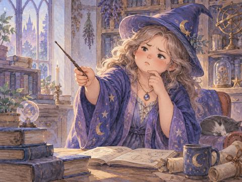 光らない杖を不思議そうに見つめる女性の魔法使い
