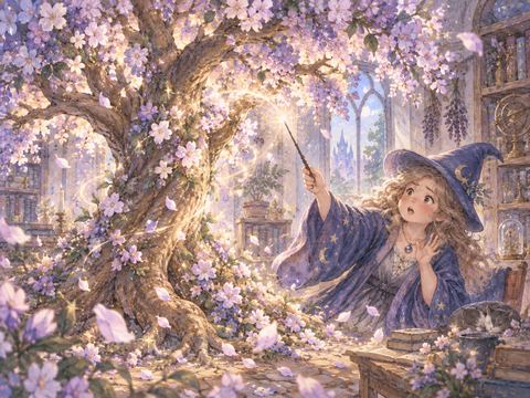 小さな花の代わりに巨大な木を出して驚く女性の魔法使い